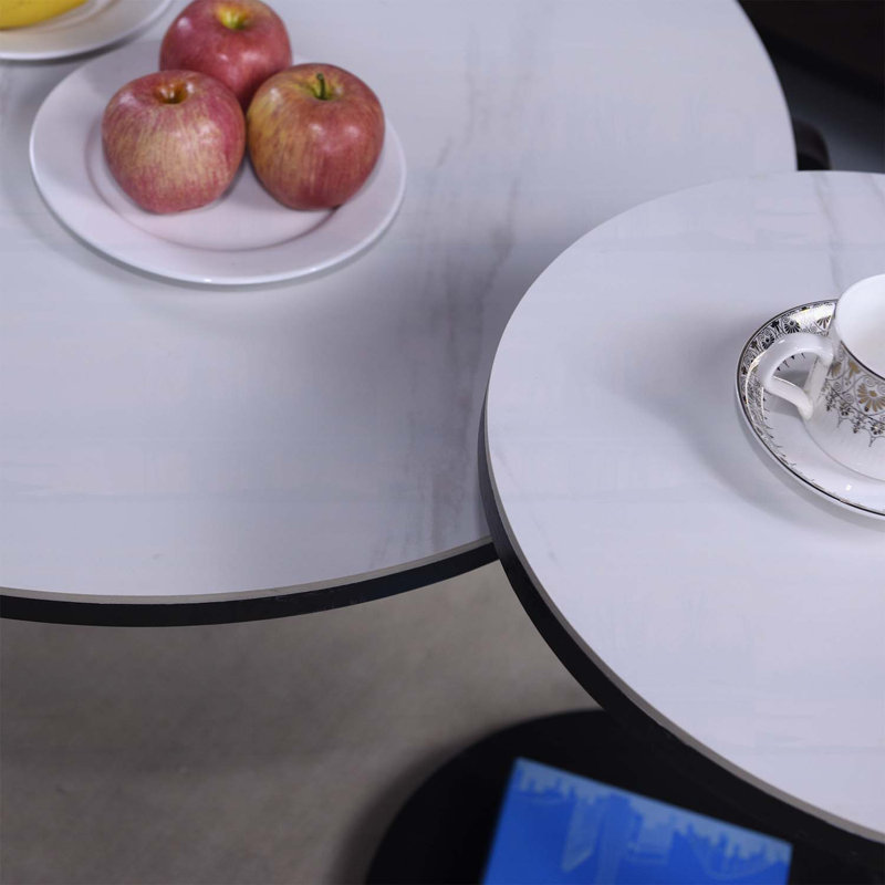 Ensemble de 2 tables basses de 32,68 po avec 2 tables de bout rondes et 2 tables de bout rondes en verre fritté blanc + table de chevet 16,93 po de diamètre