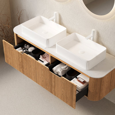60" Bathroom Vanity With White Rectangular Ceramic Sinks, Storage Cabinet, Ample Space, 3D Striped Natural , Soft Close Drawer Slides Basins,