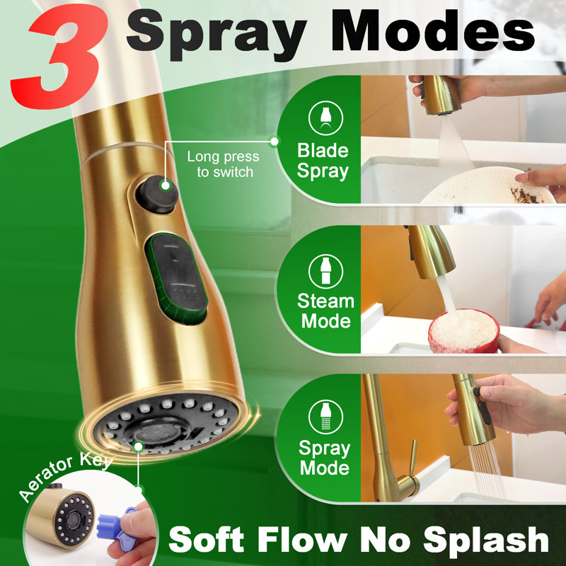 Pull Down Touchless Single Handle Kitchen Faucet with Deck Plate, Brushed Gold