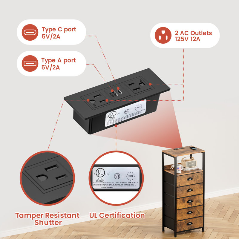 5 Drawers Dresser with Charging Station, Night Stand with Drawers, Bedside Table with Tamper-Resistant Outlets, USB and Type C Port, Dresser for Bedroom, Chest of Drawers with Open Shelf