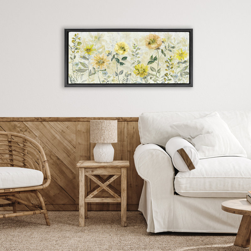 Cadre flottant jaune Buttercup Garden, design par Sally Swatland, H 14 po x l 31 po, Cadre flottant noir de jais