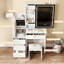 Ensemble de coiffeuse avec miroir éclairé coulissant, coiffeuse à maquillage avec 4 tiroirs et 9 espaces de rangement, compartiments cachés et tabouret rembourré, mobilier de beauté blanc pour la chambre à coucher
