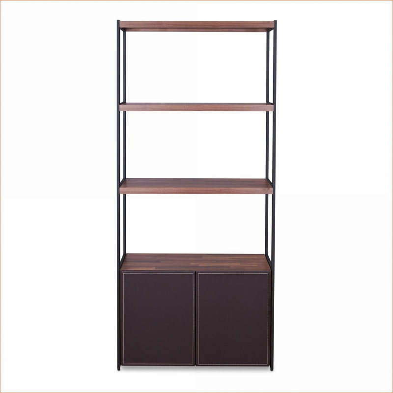 Bibliothèque, bois d'ingénierie rustique, brun noyer Noir sable, tablettes ouvertes et armoire fermée | Noyer brun | Bois d'ingénierie