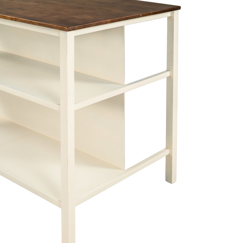 Îlot de table de salle à manger en bois massif rustique 45 po noyer et blanc crème avec 2 tablettes ouvertes pour espaces compacts