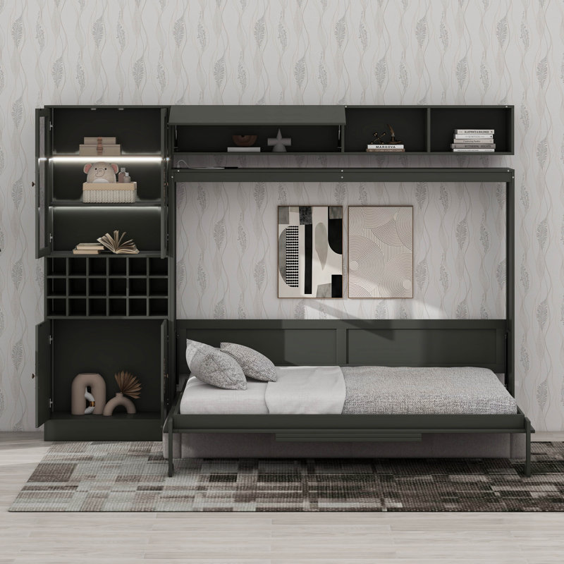 Lit escamotable mural Murphy avec canapé intégré, tablettes, ports USB et éclairage intégré, Gris