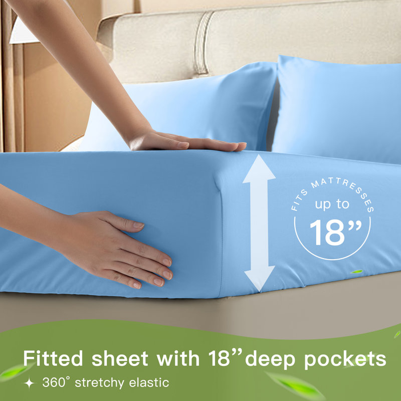 6 Pieces Bamboo Cooling Bed Sheets Set - 16" Deep Pockets, Lake Blue, CalKing Sheet Set + 1 Fitted Sheet + 4 Pillowcase