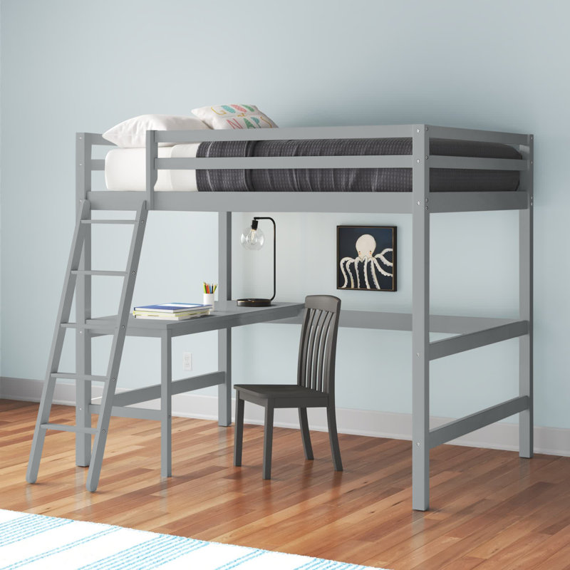 Lit mezzanine plateforme double avec bureau intégré, Gris