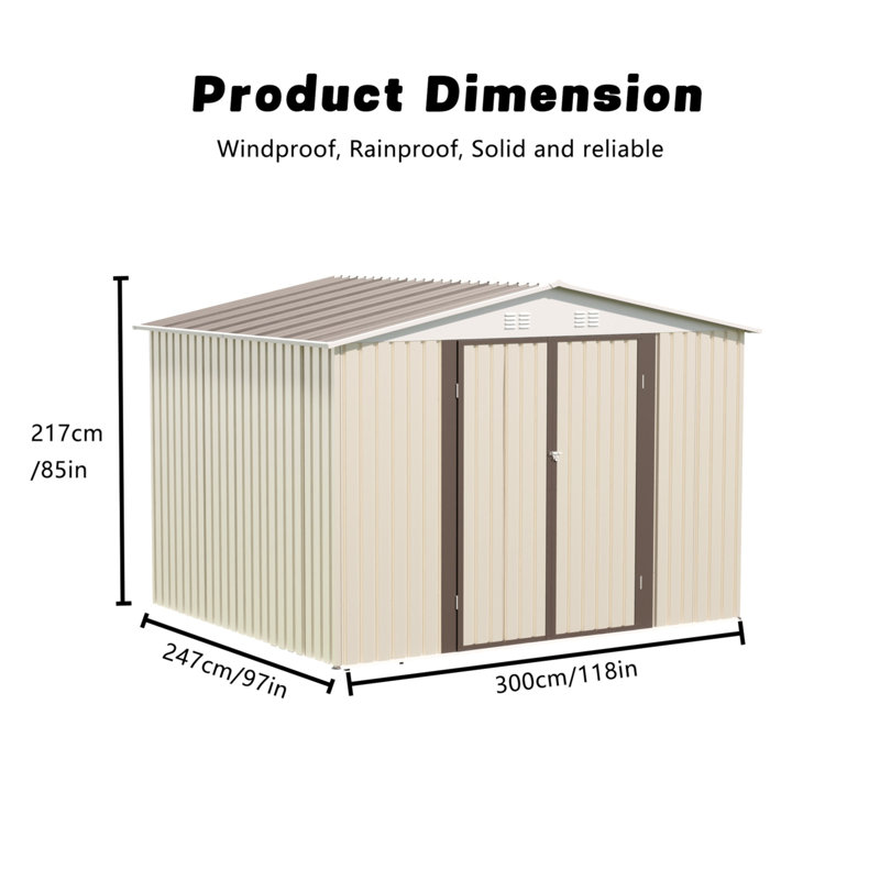 10X8 Feet White Color Outdoor Garden Shed Aluminum Alloy Frame With Hinge Door, 85" H x 118" W x 97" D, Cream White