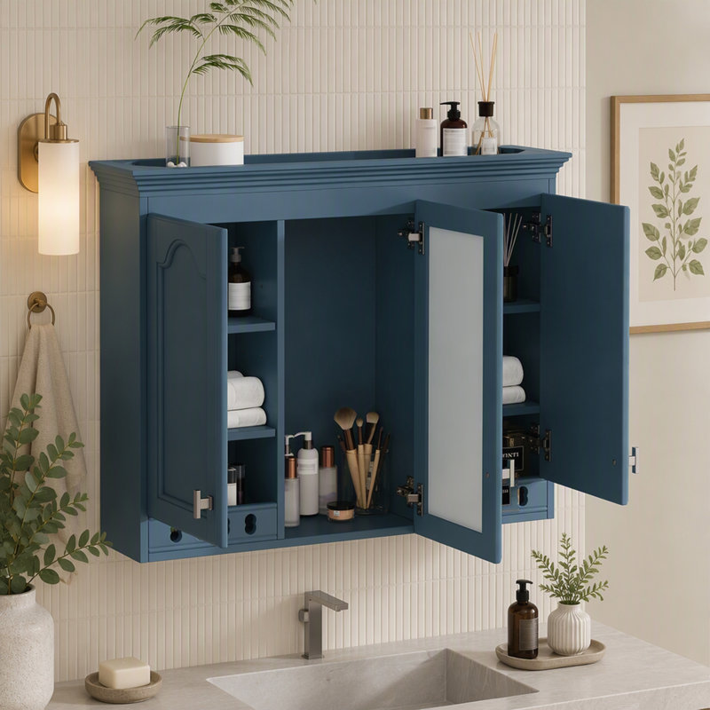 Armoire à miroir murale 35 pouces tout-en-un avec tablettes réglables, Bleu