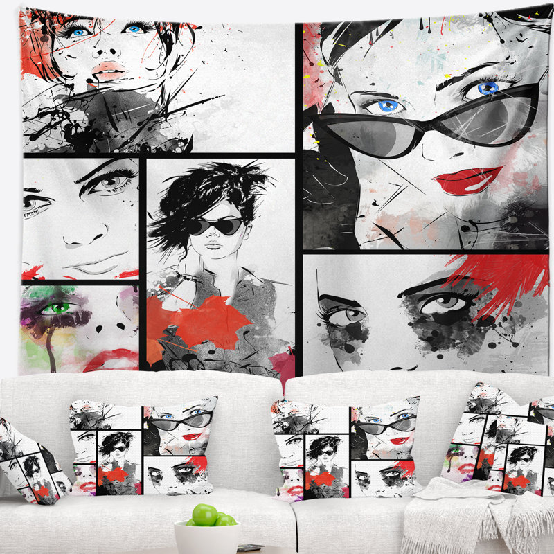Portrait beaux visages collage tapisserie Abstract, H 32 po x l 39 po