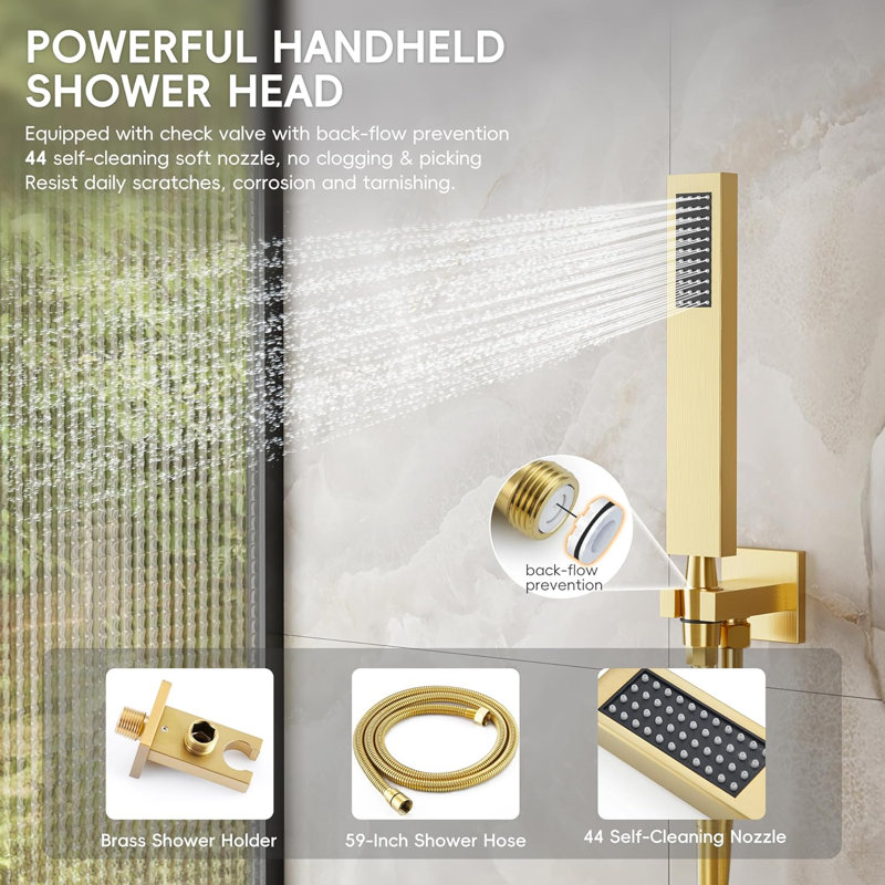 Alesco Luxury Shower System With High-Pressure Rainfall Showerhead And Handheld Spray Combo, Solid Brass Construction With Brushed Finish, Includes Valve And Trim Kit