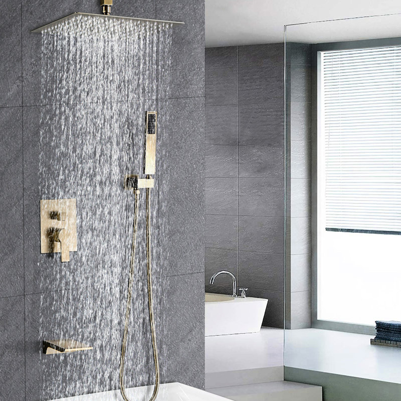 12Inch Shower With Waterfall Tub Spout & Swiveling Handheld In Brushed Gold System Finish, Brushed Gold
