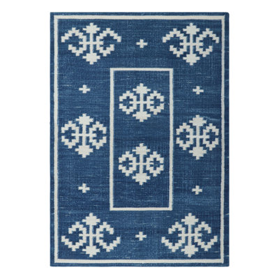 Rug & Kilim’S Contemporary Dhurrie Rug In Blue With White Geometric Medallions