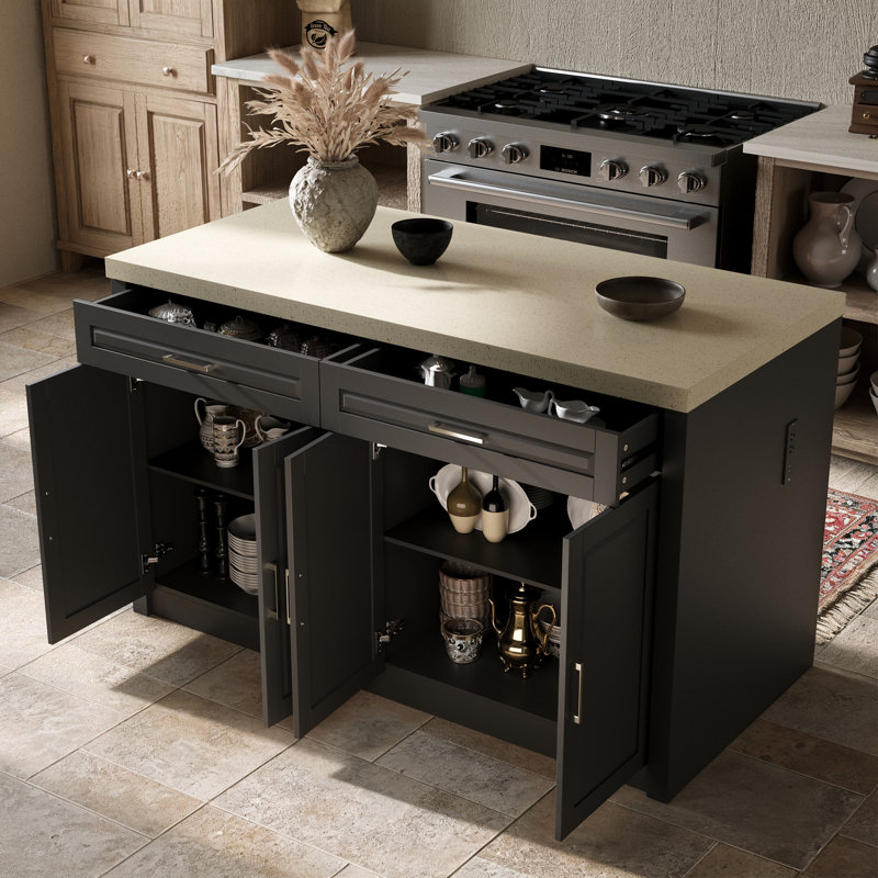 Modern 61"W Kitchen Island With Adjustable Shelves, Black/Natural