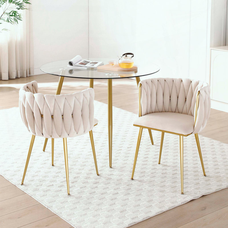 Ensemble de 2 chaises de salle à manger en velours - dossier tissé - pieds en métal doré