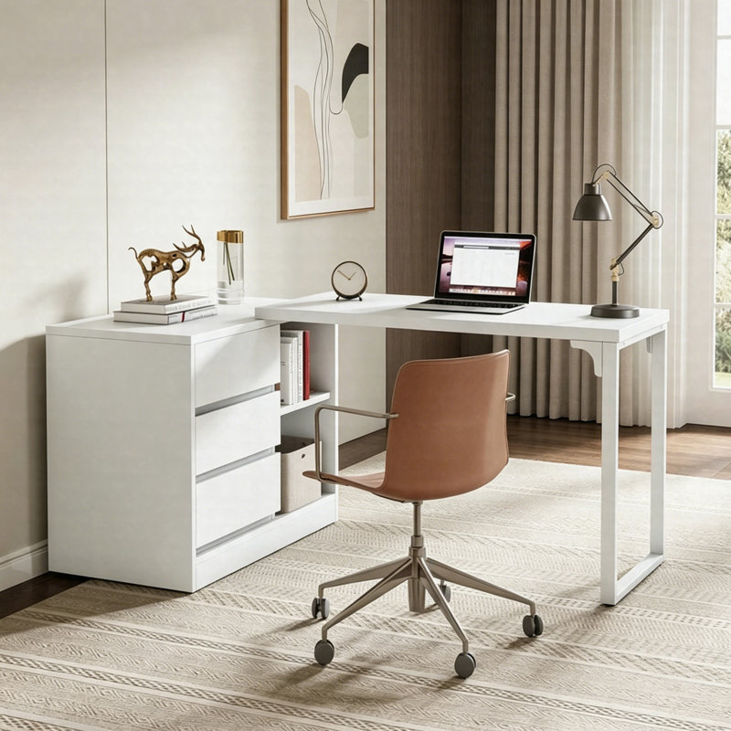 Bureau d'ordinateur en L, bureau d'angle réversible avec 3 tiroirs, armoire et tablettes de rangement pour le bureau personnel