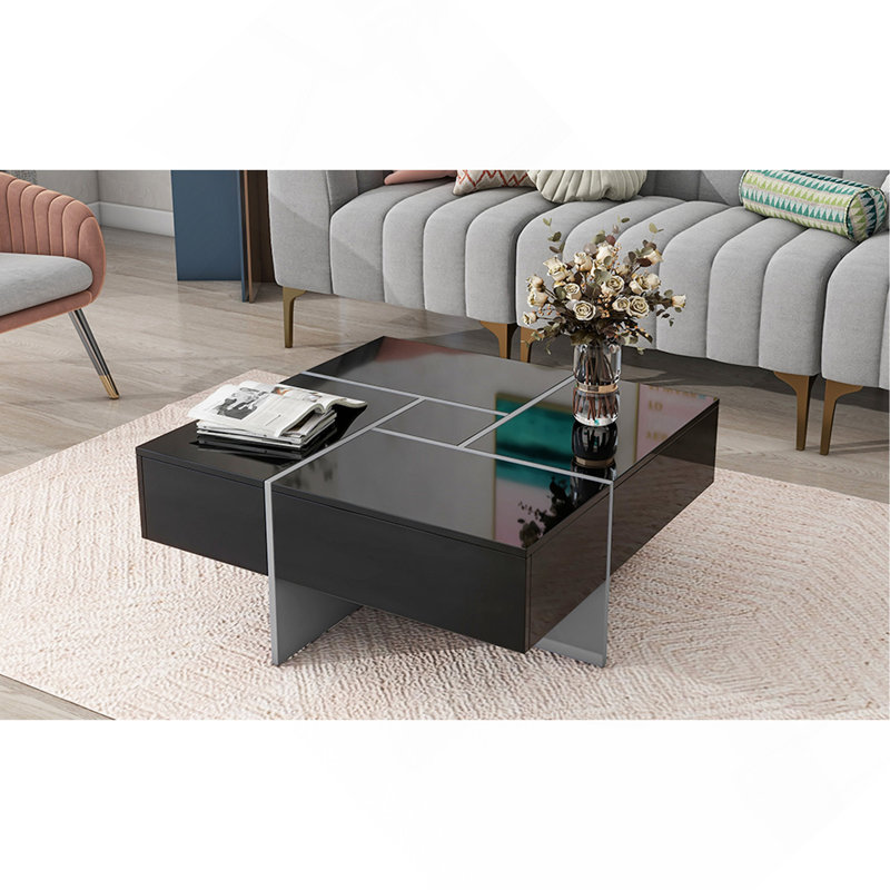 Table basse au design unique avec 4 compartiments de rangement cachés, Noir, Gris