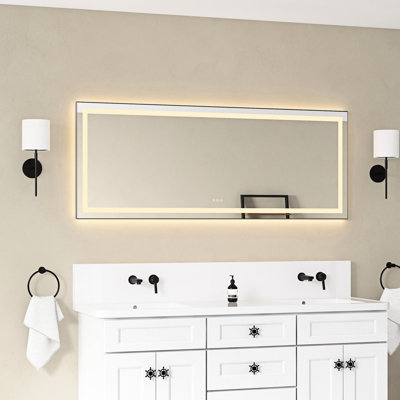 Miroir de salle de bain mural mural 72 "x 28" avec cadre en aluminium, brouillard, mémoire, 3 couleurs, pour faciliter le devant et le contre-jour du meuble-lavabo, températures de couleur, décoration