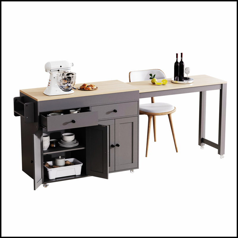 74.5 Inch Extendable Kitchen Island With Dining Table, Rolling Storage Cart With Spice Rack And Drawers, Ideal For Versatile Use And Space Efficiency
