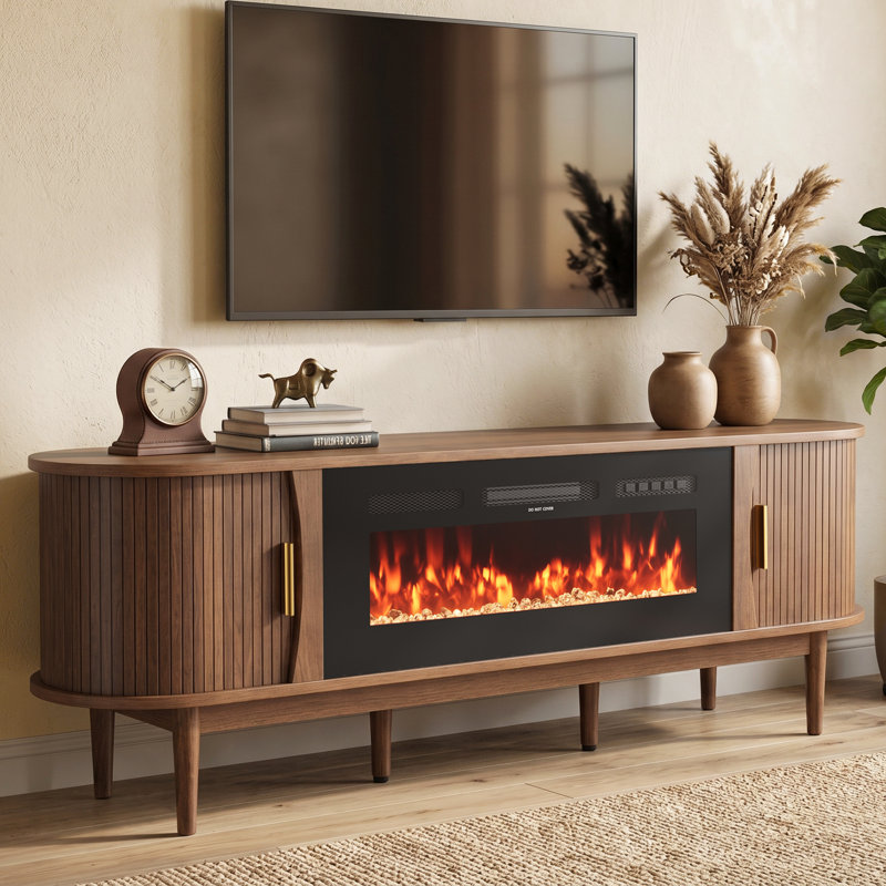 70" Fluted Fireplace TV Stand For Up To 80" Tvs, Modern Media Console With Adjustable Flame Colors/Temp, Remote & Touch Control, Storage Entertainment Center For Living Room (Walnut)
