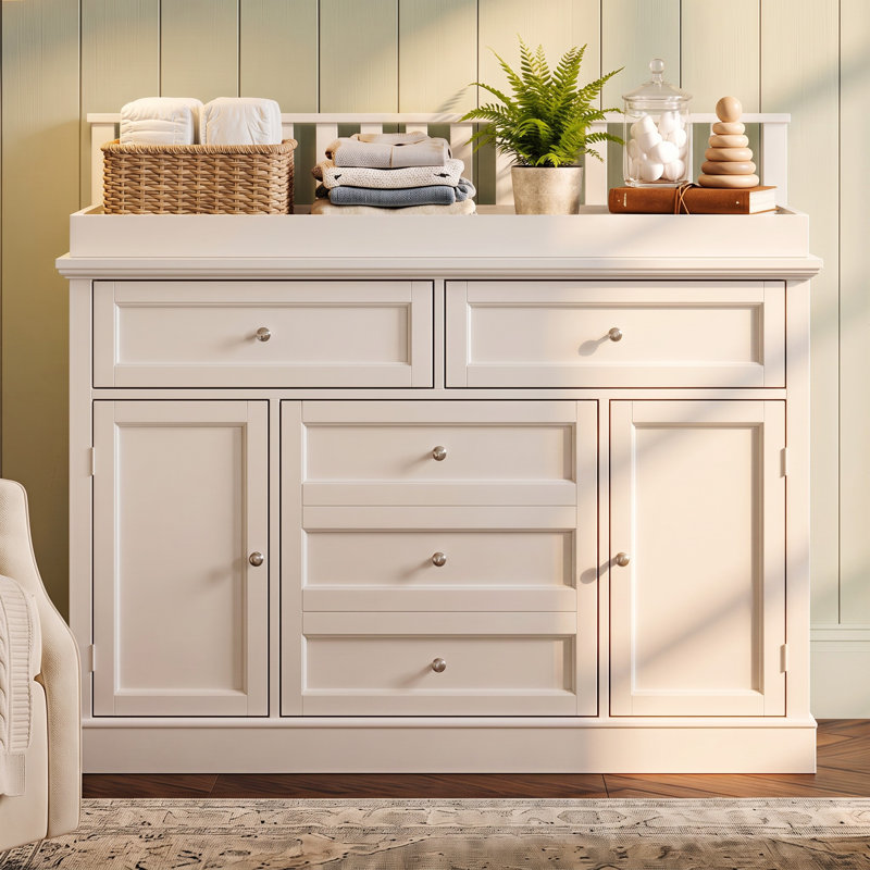 46.3" Changing Table Dresser with 3 Drawers & 2 Storage Cabinets, Nursery Dresser with Changing Top, White