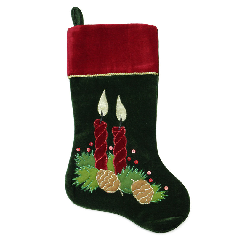 Chaussette de Noël 20 po en velours vert foncé et bourgogne et pomme de pin
