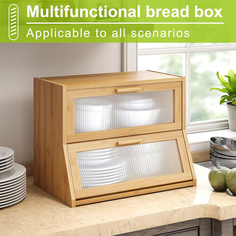 Large Natural Bamboo Double Layer Bread Box with Acrylic Doors