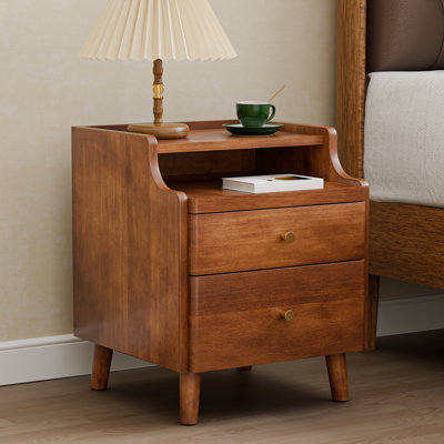 19.7" H Nightstand with Drawers, Pre-Assembled, Natural Solid Wood Night Stand with Open Sliding Shelf