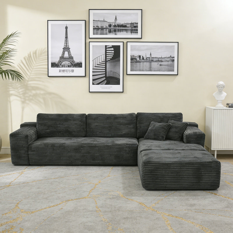 106.5" Boneless L-shaped Corduroy Upholstered Three-seat Lounge Sofa With Chaise And Ottoman, No Assembly Required