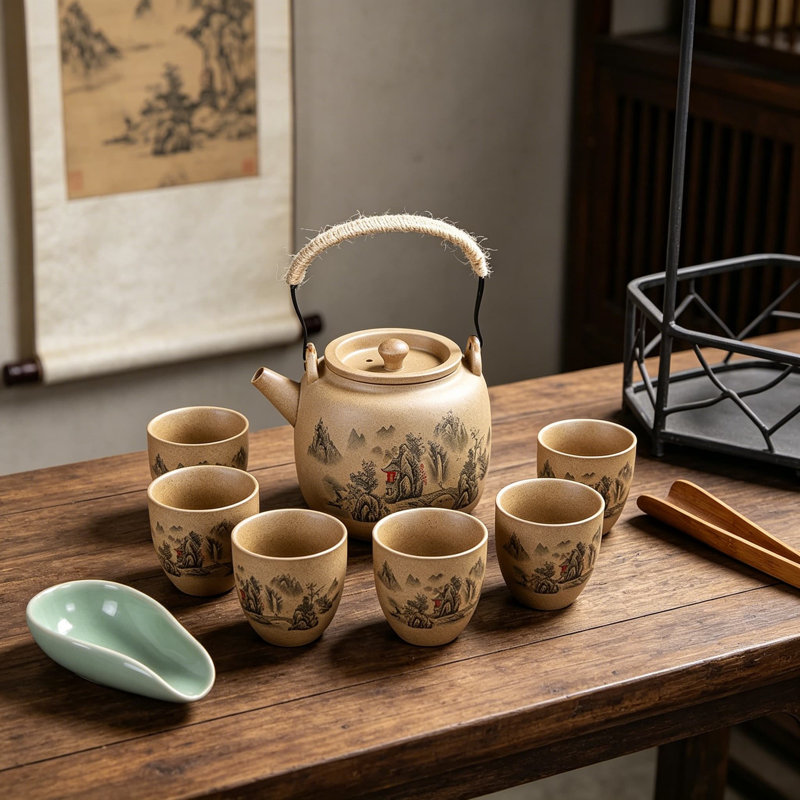 Service à thé en céramique avec théière et 6 grandes tasses, boîte-cadeau en poterie grossière pour le bureau à domicile, idéal pour la remise des diplômes de la fête des Pères