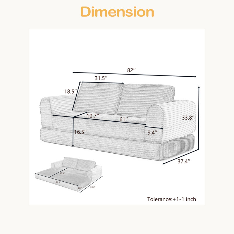Canapé-lit pliant convertible 2-en-1, canapé-lit en velours côtelé moderne avec 2 * oreillers, canapé-lit modulaire sans dossier avec lit escamotable Futon