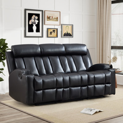 74.02'' Wide Faux Leather Manual Reclining Sofa With Dual Cup Holders And Fixed Center Seat