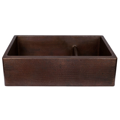 33" Hammered Copper Apron Front 70/30 Double Basin Kitchen Sink with Short 5" Divider
