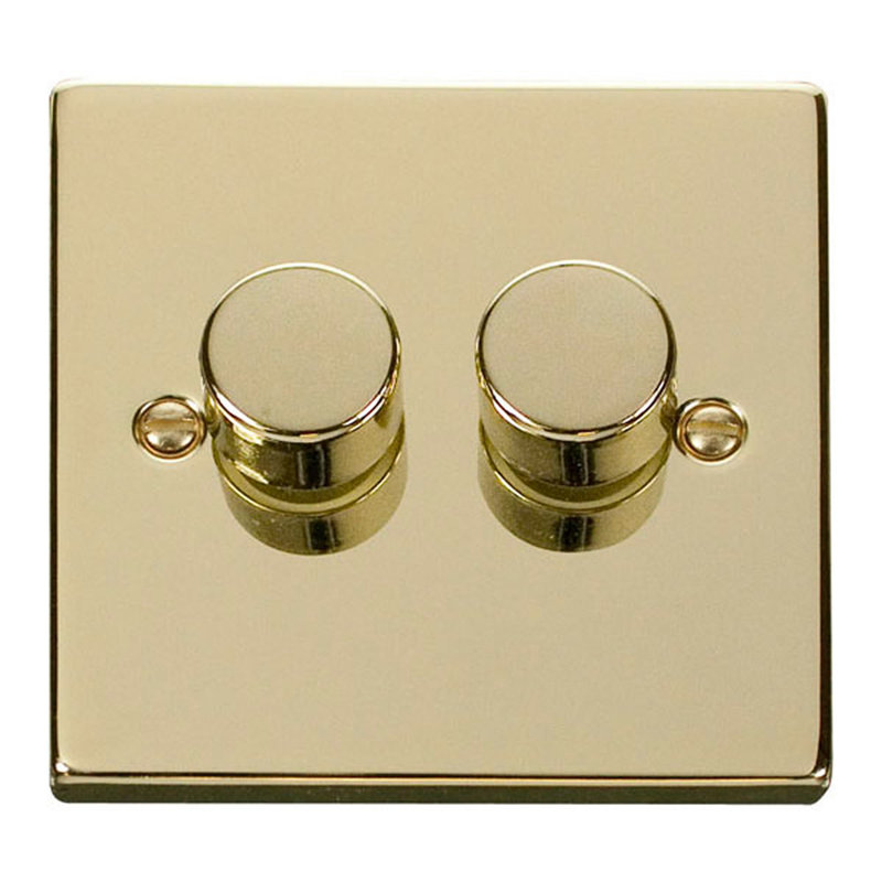 Polished Brass 2 Gang 2 Way LED 100W Trailing Edge Dimmer Light Switch
