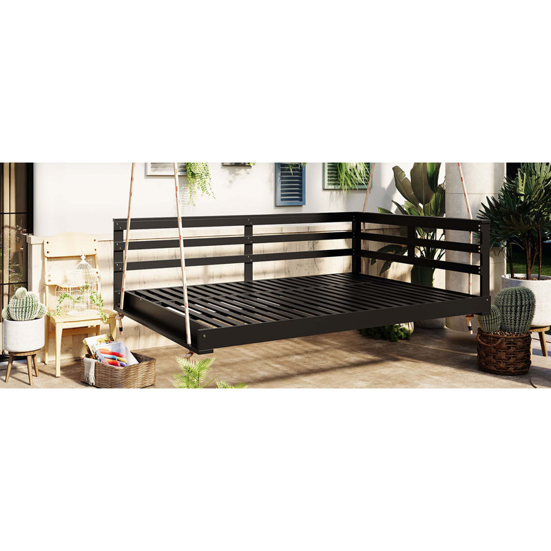 Lit à balançoire en bois d'acacia pour l'extérieur avec cordes en chanvre - Lit suspendu pour patio pleine grandeur, capacité de 350 lb, conception minimaliste ouverte pour patio, cour arrière, jardin