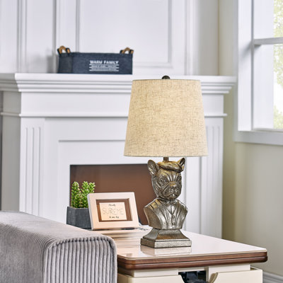 20" Bronze Resin French Bulldog Bust Table Lamp With Linen Shade