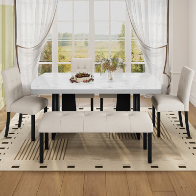 6 Piece Dining Table Set, Dining Table With 4 Upholstered Chairs And 1 Bench