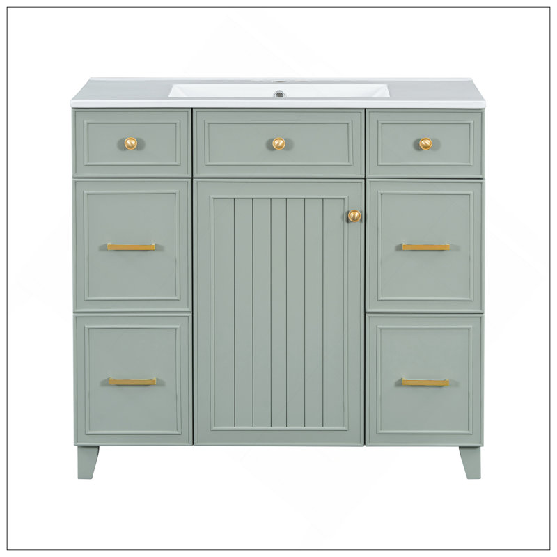 Meuble-lavabo moderne 36 po avec lavabo en céramique, structure en bois massif, portes à fermeture douce, tablettes réglables, 3 tiroirs, y compris un tiroir à double profondeur pour le rangement du sèche-cheveux