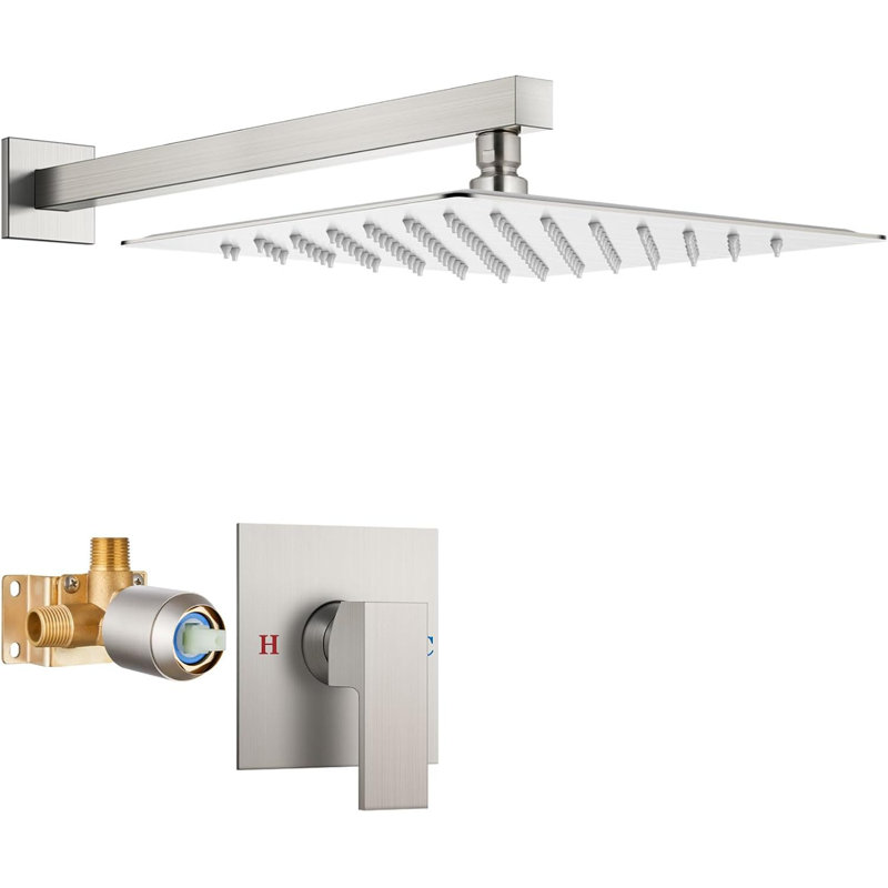 Airuida Shower Faucet Set With 12 Inch Wall Mount Rain Shower Head, Single Handle Mixer Valve, SUS304 Stainless Steel And Brass Construction, Brushed Nickel Finish