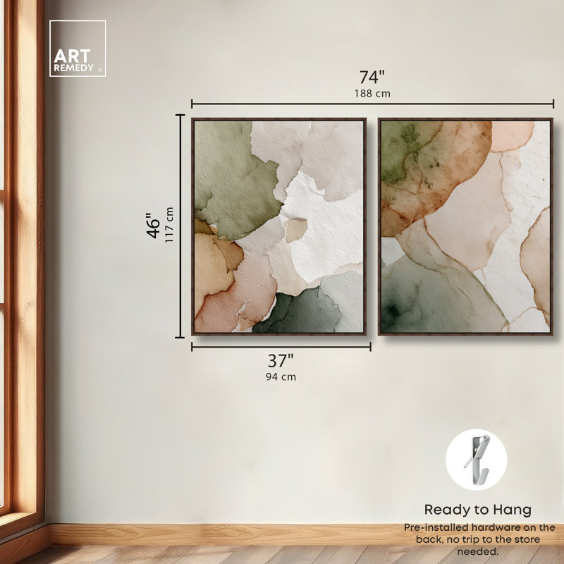 «Beige sol houle duo», ensemble d'art mural sur toile par Art Remedy, H 46 po x l 37 po, Cadre en toile noyer
