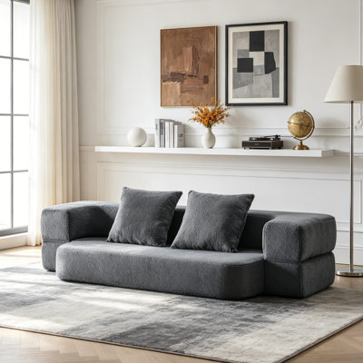 74.81" Grey Plush Teddy 2-in-1 Convertible Sofa Bed, Frameless Foldable Sponge Sleeper Couch for Apartment Rental Guest Room