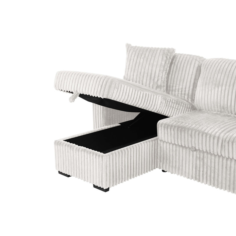 Plush Sectional Sofa W/ Pull Out Sleeper Made With Velvet Fabric, Cream Fabric