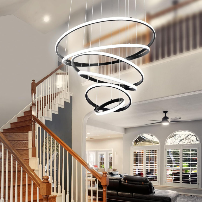 6 Ring Chandelier for High Ceiling with Remote Control, Black LED Chandelier Brightness & Colour Temperature Adjustment, Big Modern Entryway Chandelier for Foyer,Staircase, Living Room