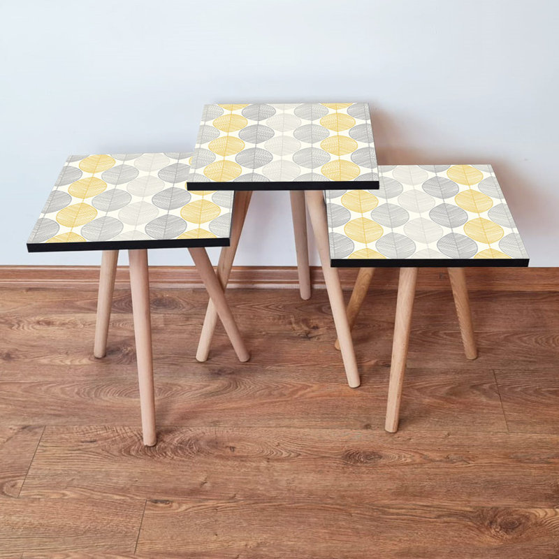 Modern 3-Piece Nesting Table Set, Grey & White with Yellow Accents, 13.8 x 20.5 x 13.8 in (Large), 13.8 x 18.5 x 13.8 in (Medium), 13.8 x 16.5 x 13.8 in (Small) | 100% MDF with Beech Wood Legs | Stylish & Functional for Living Room & Office