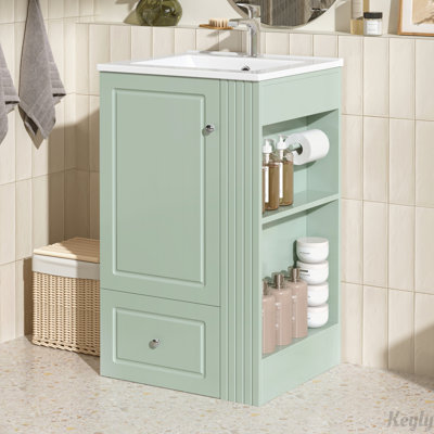 Meuble-lavabo autoportant compact de 20 pouces avec lavabo en céramique, tiroir à fermeture en douceur et tablettes latérales ouvertes pour les petits espaces