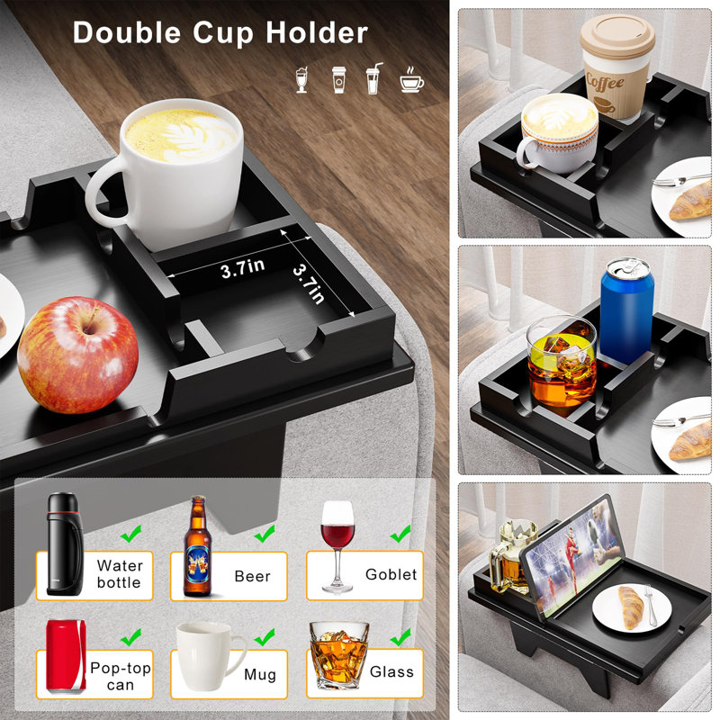 2 In 1 Sofa Armrest Table With Sliding And Removable Double Cup Holder - Foldable Sofa Armchair Storage Box