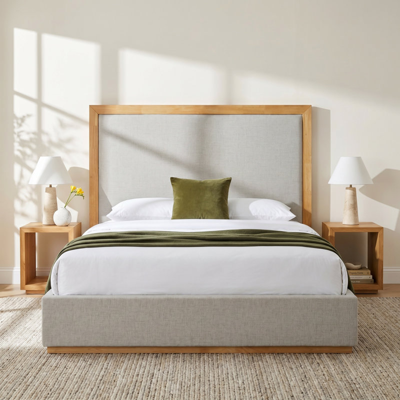 Reanna Upholstered Platform Bed, King, Natural Wood/Gray