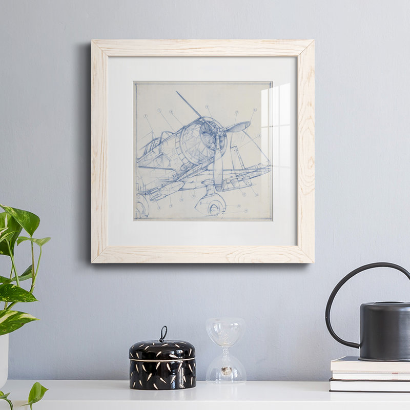 Croquis mécanique d'avion I-Premium, reproduction encadrée - prêt à être accroché, Papier avec cadre blanc, Blanc