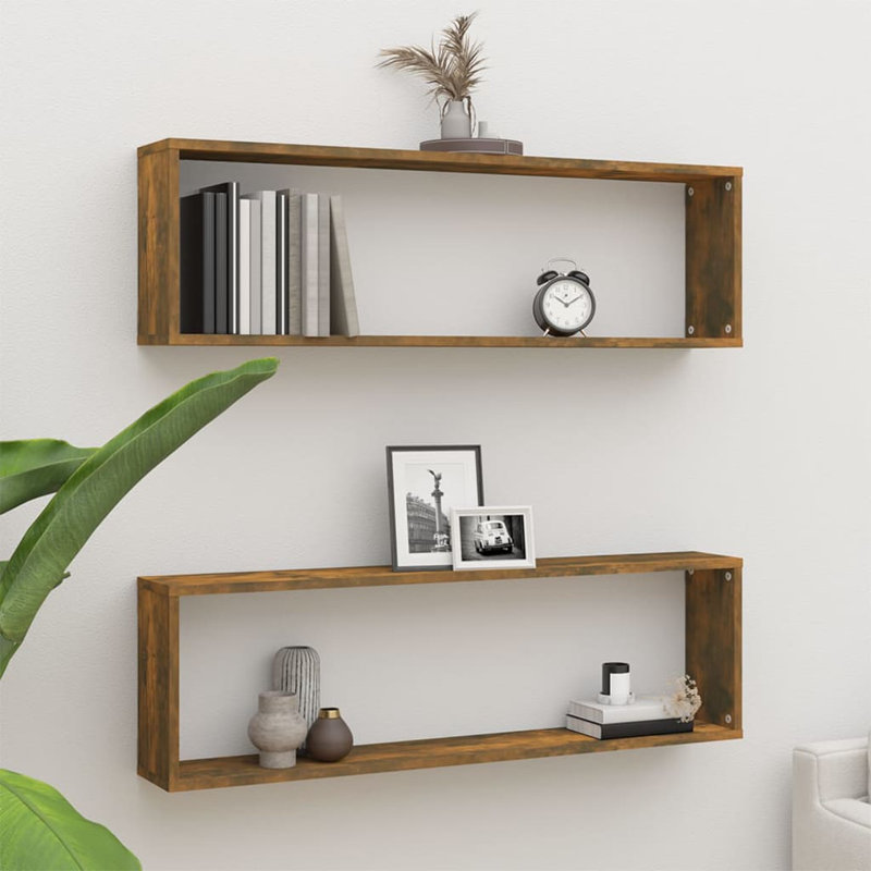 Wall Cube Shelves 2 Pcs Engineered Wood, 11.80" H x 59.40" W x 5.90" D, Smoked Oak