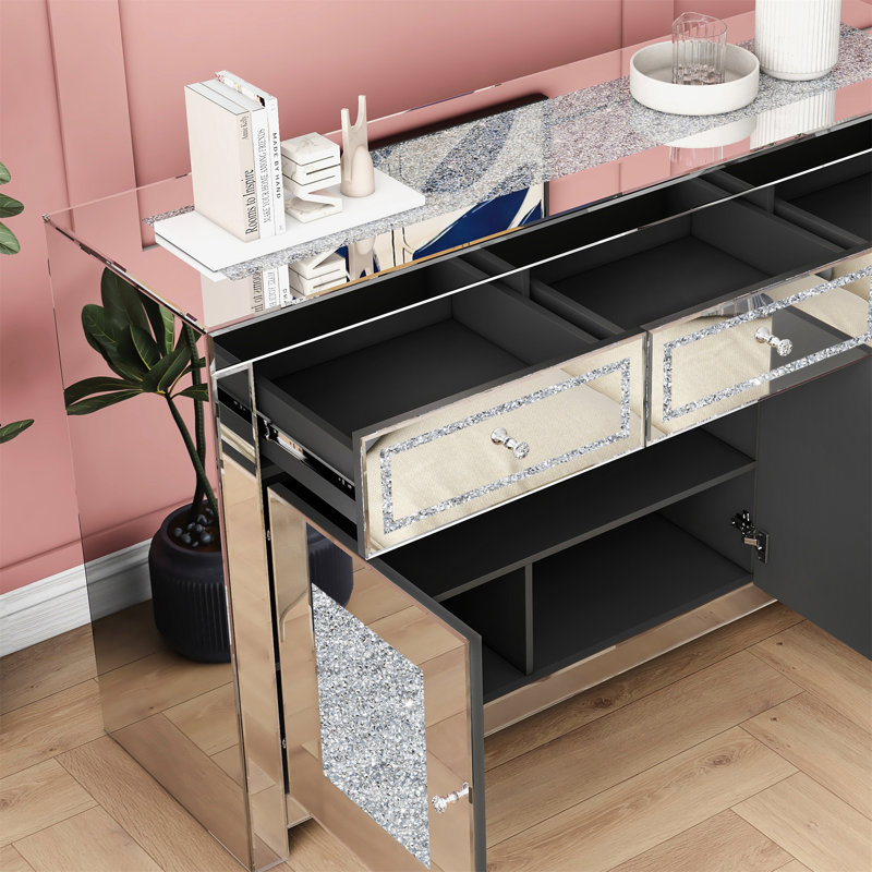 Buffet 53,15 po en verre à miroir avec 3 tiroirs et 3 portes